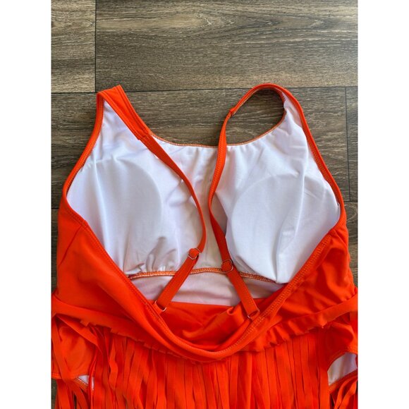 NWOT WOMENS PLUS SIZE BATHING SWIMSUIT ORANGE TIERED FRINGE PADDED 3XL - Picture 6 of 7